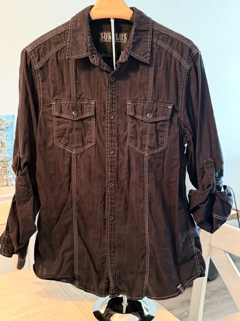 Surplus Button-Up Shirt in Dark Brown with Contrast Stitching